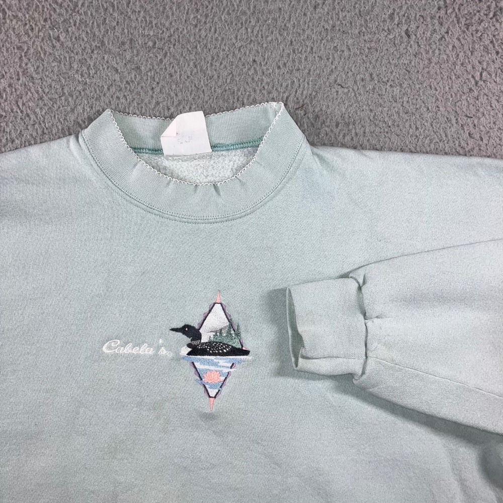 90s Artisans Cabelas Loon Embroidered Sweatshirt XL Grandmacore Mint Green USA
